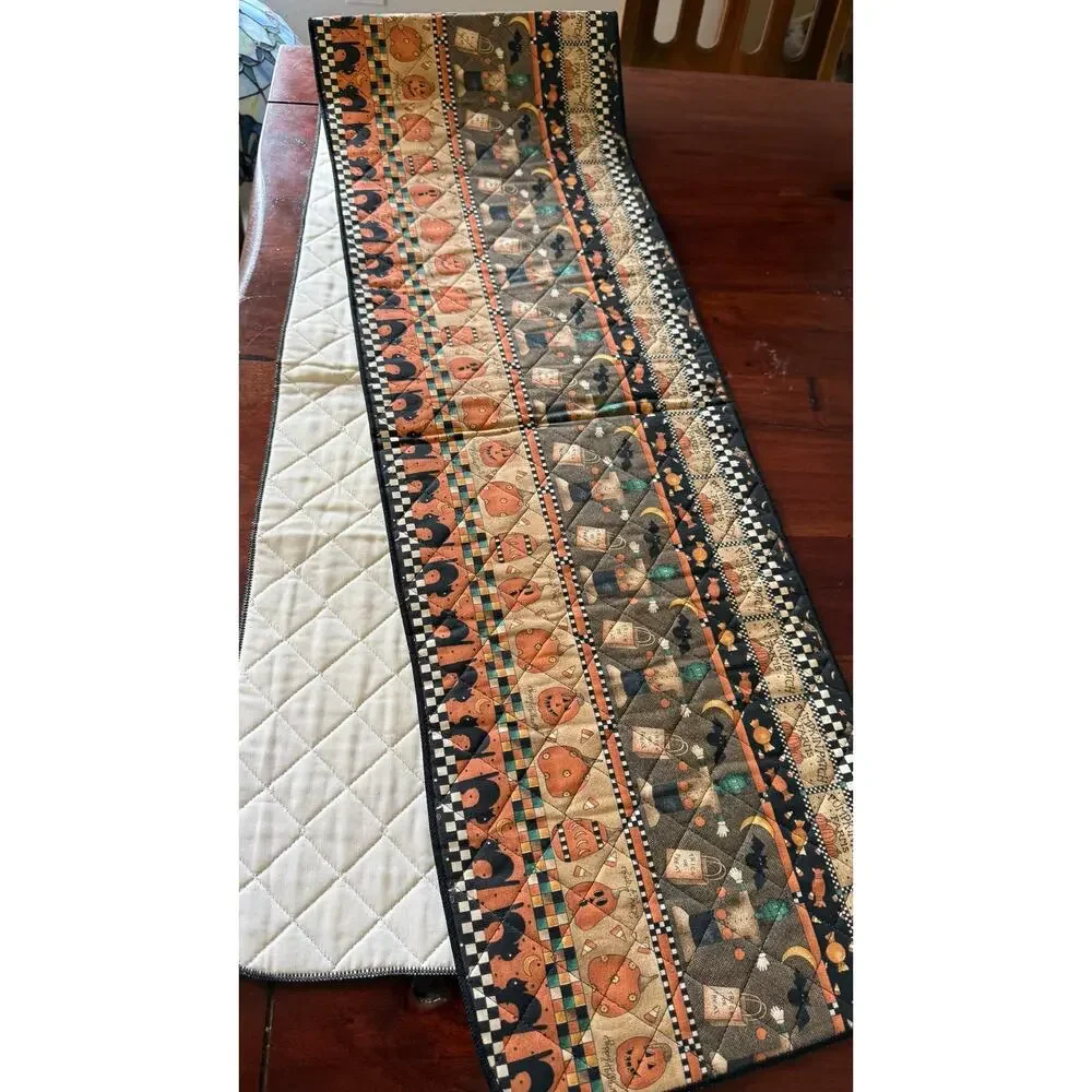 VTG 90s Debbie Mumm Halloween Cloth Table Runner Cat Frankenstein Pumpkin 71 in
